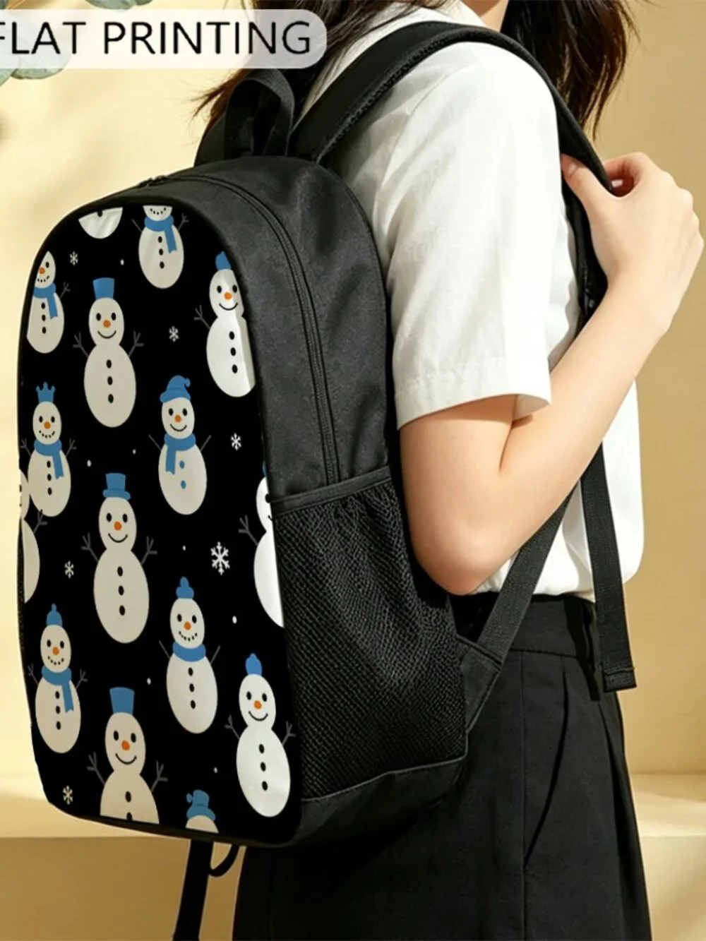 Snowman Christmas Backpack, Winter Cute Snowflake Print Casual Daypack 17 Inch L